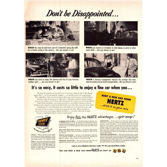 1951 Hertz Rent a Car Vintage Print Ad Business Trip Family Vacation Wall Art - Picture 1 of 2